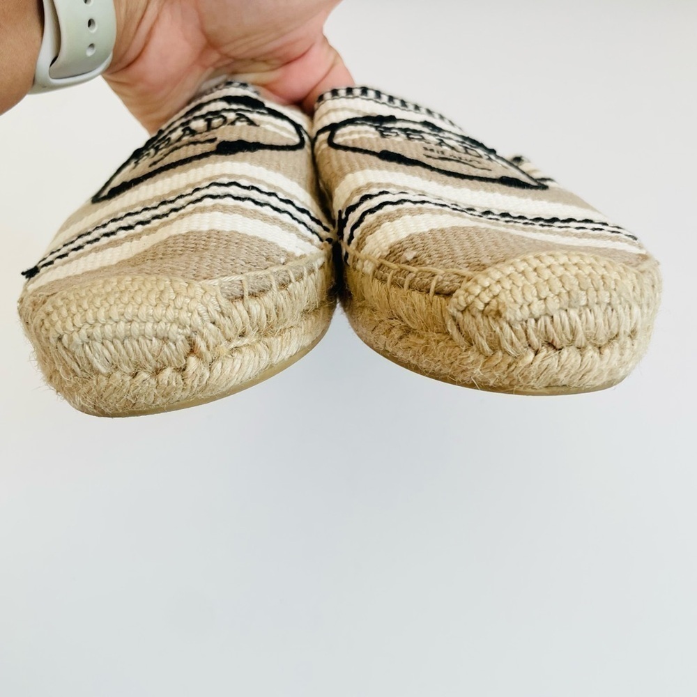 Prada Beige Black stripe cloth logo embroidered slip on flat mules EU 41 - Picture 3 of 9